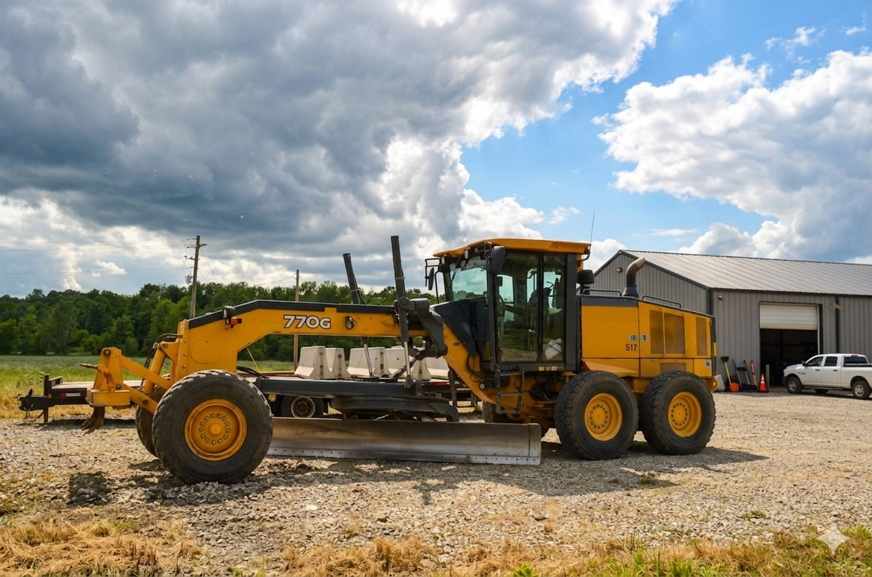 Heavy-duty motor grader on a road construction site
